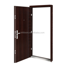 Puertas de acero de seguridad de la puerta de hierro de acabado de madera marrón con mango inoxidable para el precio de la venta